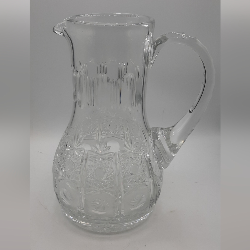 Vintage Crystal Pitcher Cut and Etched Glass Handle 9 3/8" Tall Solid Serveware